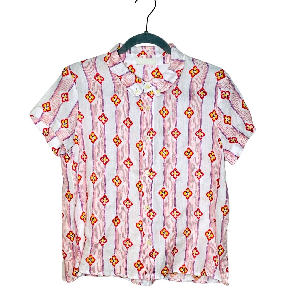 CP Shades Linen Shirt Women M Pink Stripe Floral Button Front Short Sleeve Cross